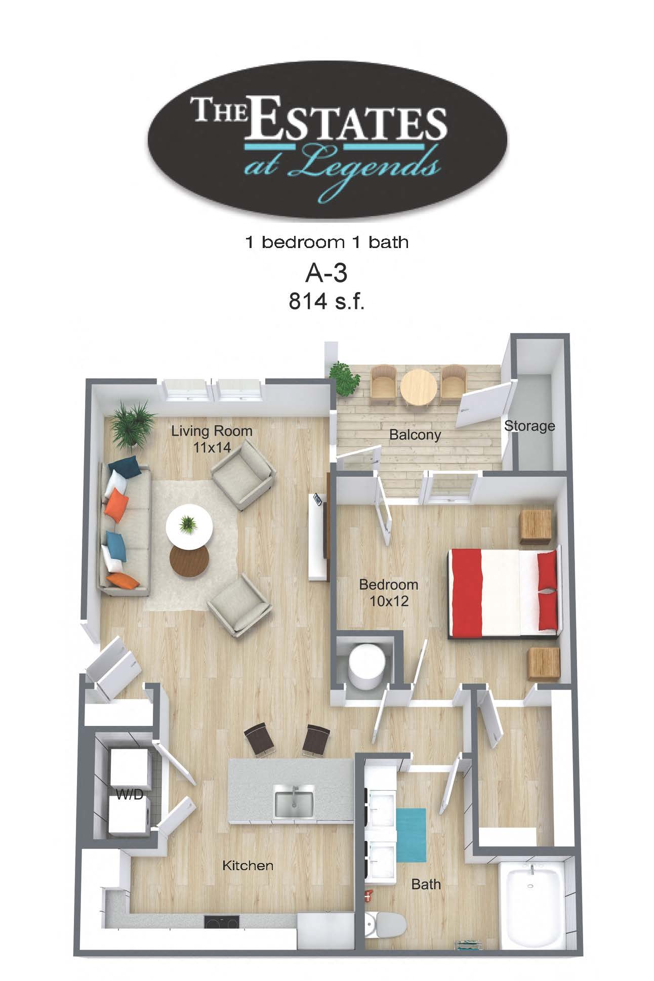 Floor plan for 1 bed, 1 bath, 814 sqft